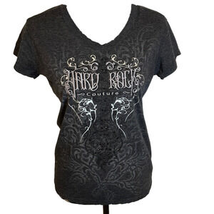 HARD Rock Couture Black Silver Logo Vee Neck Fitted Tee Shirt Size Medium Nassau